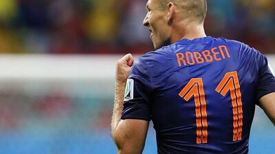 Arjen Robben celebrates during Netherlands' 5-1 win over Spain on Friday night in World Cup Group A play in Salvador, Brazil. Juanjo Martin / EPA