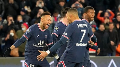 Neymar celebrates with Lionel Messi, Georginio Wijnaldum, and Kylian Mbappe after scoring PSG's fifth goal. AP