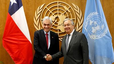 Chile's President Sebastian Pinera, left, meets with United Nations Secretary-General Antonio Guterres during the 74th session of the U.N. General Assembly, at U.N. headquarters. AP Photo