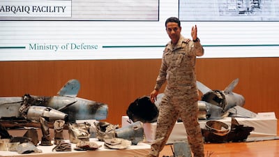 Saudi military spokesman Col. Turki Al Malki displays what he describes as an Iranian cruise missile and drones used in the attack, during a press conference in Riyadh, Saudi Arabia, Wednesday, September 18, 2019. AP Photo/Amr Nabil