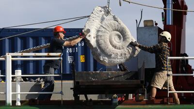 An ammonite boulder is placed in the sea. Photo: Greenpeace