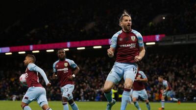 Burnley's Jay Rodriguez celebrates scoring their second goal to level at 2-2. Reuters