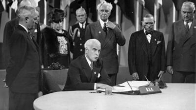 The UN Charter being signed in San Francisco on June 26, 1945. Getty
