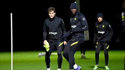Marcos Alonso and Romelu Lukaku during a training session ahead of the League Cup semi-final against Tottenham.