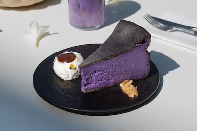 The burnt Basque ube cheesecake at Nette pairs well with coconut vanilla Chantilly cream, miso butterscotch sauce and toasted coconut flakes. Photo: Nette
