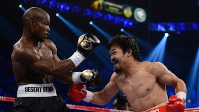 Manny Pacquiao prepares to throw a left to the head of Timothy Bradley in 2012. Getty