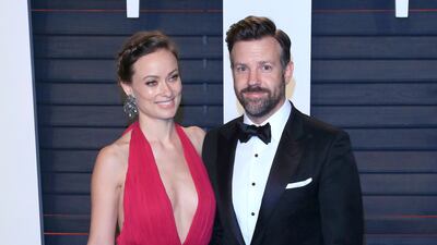 Olivia Wilde, in Prabal Gurung, and Jason Sudeikis arrive for the 2016 Vanity Fair Oscar Party following the 88th annual Academy Awards ceremony in Beverly Hills, California, February 28, 2016.