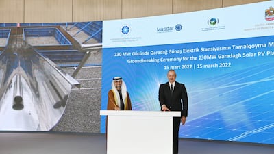 Azerbaijan's President Ilham Aliyev and UAE Minister of Energy and Infrastructure Suhail Al Mazrouei at the groundbreaking ceremony in Baku. Photo: Masdar