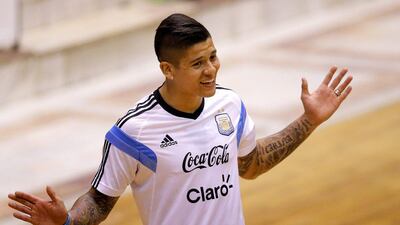 Marcos Rojo gestures during the Argentina training session in Bucharest, Romania. Robert Ghement / EPA