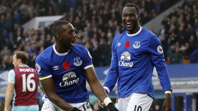 Everton's Romelu Lukaku celebrates scoring their first goal with Yannick Bolasie. Carl Recine / Action Images / Reuters / October 30, 2016