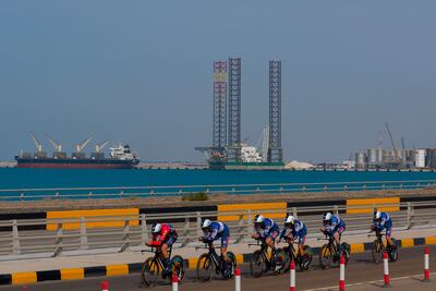 Riders during stage two of the UAE Tour 2023 at Khalifa Port. Photo: Sprint Cycling Agency