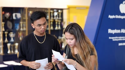 Pupils at Repton School Abu Dhabi receive their A-Level results. Chris Whiteoak / The National