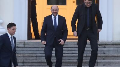 Martin Schulz departs a meeting with German president Frank-Walter Steinmeier over the future of the next German government. Sean Gallup/Getty Images