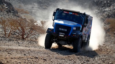 Fesh Fesh Team's Albert Llovera and co-drivers Marc Torres and Jorge Salvador Coderch in action during testing in Jeddah, Saudi Arabia, for the Dakar Rally.