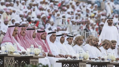 Sheikh Saif, Deputy Prime Minister and Minister of Interior, Sheikh Hamed bin Zayed, Chairman of the Crown Prince Court of Abu Dhabi, Sheikh Khaled bin Zayed, Chairman of the Board of Zayed Higher Organisation for Humanitarian Care and Special Needs (ZHO), Sheikh Mohammed bin Tahnoon, Sheikh Diab bin Mohammed bin Zayed, Sheikh Abdullah bin Mohammed bin Khaled Al Nahyan Chairman of Al Ain Club, Sheikh Nahyan bin Saif, and Sheikh Mohammed bin Hamad bin Tahnoon, at the festival. Ryan Carter / Crown Prince Court - Abu Dhabi