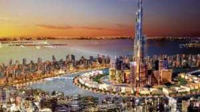 An impression of the planned Burj Mubarak al-Kabir Tower and the City of Silk.