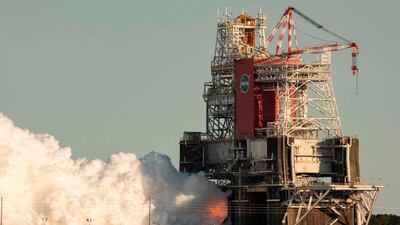 The core stage for the first flight of Nasa’s Space Launch System rocket is seen in the B-2 Test Stand during a scheduled eight minute duration hot fire test at the Stennis Space Centre in January, 2021. Afp / Nasa