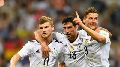 Germany's forward Timo Werner, left, celebrates with teammates Lars Stindl and Leon Goretzka after scoring during the 2017 Confederations Cup semi-final against Mexico at the Fisht Stadium in Sochi on June 29, 2017. Yuri Cortez / AFP