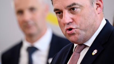 British Defence Secretary Ben Wallace speaks after co-hosting a donor conference in Copenhagen, Denmark. AFP