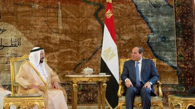 Dr Sheikh Sultan bin Mohammed Al Qasimi, Ruler of Sharjah, was received by Egypt’s president, Abdel Fattah El Sisi, in Cairo. Dr Sheikh Sultan was presented with the Order of the Republic, one of Egypt’s highest honours, for his continuous support of Egypt. Wam