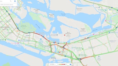 The red lines show the queues of traffic in Abu Dhabi on Thursday morning. Google Maps