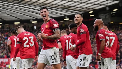 Manchester United's Benjamin Sesko celebrates scoring his side's second goal against Sunderland at Old Trafford on Saturday, October 4, 2025. PA