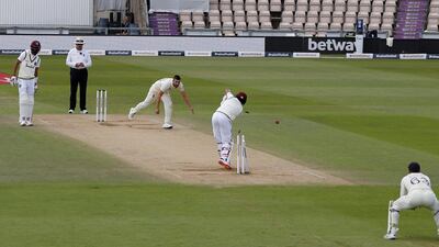England bowler Mark Wood bowls West Indies' Shai Hope. Reuters