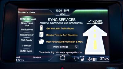 The Ford MyTouch Microsoft Sync services page is displayed on a mock interior at the 2010 International Consumer Electronics Show. Daniel Acker / Bloomberg News