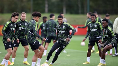 Marcus Rashford with Manchester United teammates during training. Reuters