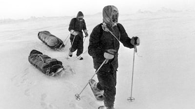 Fiennes (l) and Charles Burton (r) trekking across the Arctic wastes on their way to the North Pole. At this point, the two explorers were facing a critical situation as the ice around them was melting as well as their back-up aircraft currently grounded. They reached the North Pole on 11th April to become the first people to do so in one season. PA Archive / PA Images