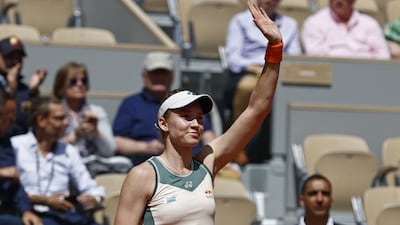 Elena Rybakina of Kazakhstan celebrates after winning her French Open last-16 match against Elina Svitolina of Ukraine 6-4, 6-3. EPA