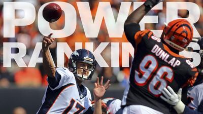 Denver Broncos quarterback Trevor Siemian throws against the Cincinnati Bengals. USA Today; The National illustration