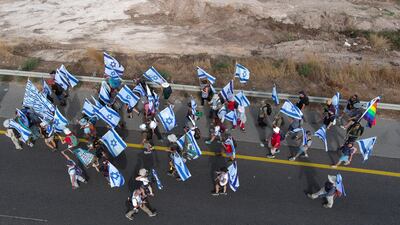 Demonstrators march from Tel Aviv to Jerusalem in protesting against the Israeli government's judicial overhaul plans. Reuters
