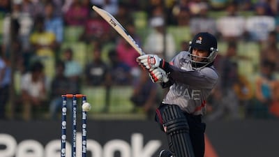 Khurram Khan, pictured during an ICC Twenty20 World Cup warm-up match against Bangladesh at the Khan Shaheb Osman Ali Stadium in Fatullah on March 12, 2014, picked up their first win of the ACC Premier League over winless Hong Kong. Munir uz Zaman / AFP