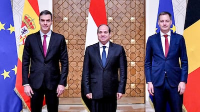 Egyptian President Abdel Fattah El Sisi, centre, with Spanish Prime Minister Pedro Sanchez, left, and Belgium Prime Minister Alexander De Croo meet in Cairo to discuss the Israel-Gaza war. AFP