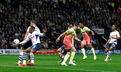 Raheem Stereling fires home Manchester Cit's first goal at Preston. Reuters.