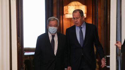 UN Secretary General Antonio Guterres meets Russian Foreign Minister Sergei Lavrov in Moscow on Tuesday. Reuters