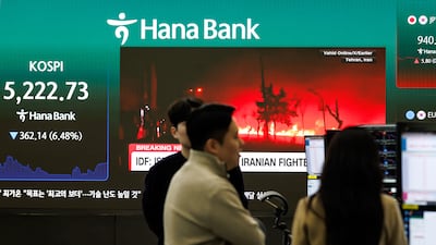 A report on the Iran conflict is displayed next to the Korea Composite Stock Price Index in Seoul. Bloomberg