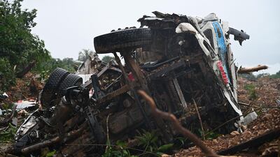 A lorry destroyed in the landslide in Paung township, Mon state. AFP