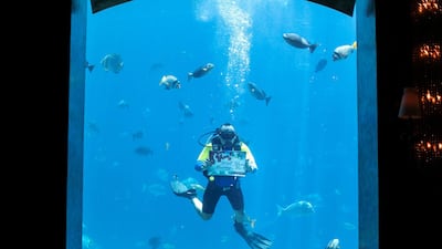 Abdulla Yarulin, a diver at Atlantis who proposes to dozens of women from inside a lagoon at Ossiano every year. Photos by Reem Mohammed / The National
