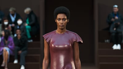 At Loewe, a mini dress is sculpted from leather. Photo: Loewe