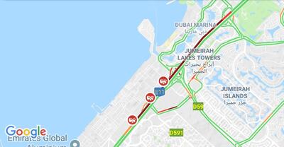Tailbacks between Ibn Battuta Mall and Dubai Marina on Sheikh Zayed Road cause 30 minute delays to motorists travelling towards Abu Dhabi. Courtesy Google