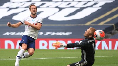 Tottenham Hotspur's English striker Harry Kane scores past Leicester City's Danish goalkeeper Kasper Schmeichel, but is ruled to have been off-side during the English Premier League football match between Tottenham Hotspur and Leicester City at Tottenham Hotspur Stadium in London. AFP