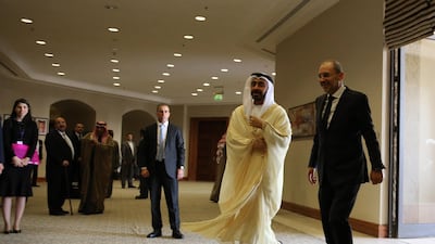 Sheikh Abdullah with his Jordanian counterpart Ayman Safadi at the King Hussein Convention Centre where the foreign ministers of six Arab countries met on January 31, 2019 to discuss regional concerns. EPA