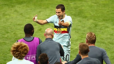 Eden Hazard of Belgium celebrates scoring his team's third goal in their Euro 2016 round of 16 win over Hungary on Sunday. Dean Mouhtaropoulos / Getty Images / June 26, 2016