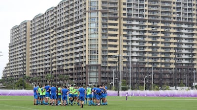 The All Blacks squad huddle during a Rugby World Cup training session at Arcs Urayasu Park on October 08. Getty