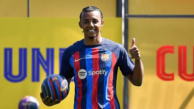 Barcelona's new defender Jules Kounde during his unveiling ceremony at the Joan Gamper training ground in Sant Joan Despi, near Barcelona. AFP