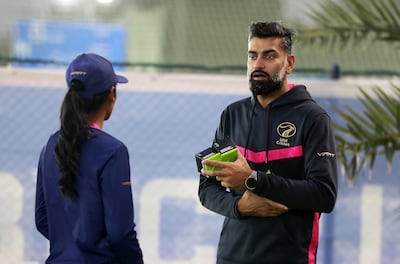 Ahmed Raza, coach of UAE women cricket team during the training ahead of the Women’s T20 World Cup Qualifiers at the Zayed Cricket Academy in Abu Dhabi. Pawan Singh / The National