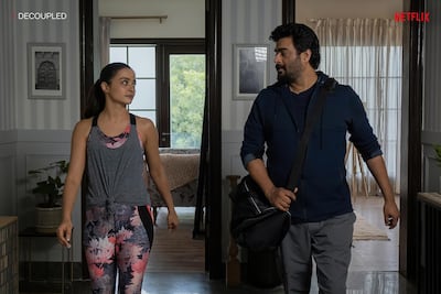 R Madhavan and Surveen Chawla in 'Decoupled'. Courtesy Netflix