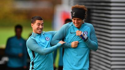 Chelsea's Eden Hazard and David Luiz share a joke. Dan Mullan / Getty Images